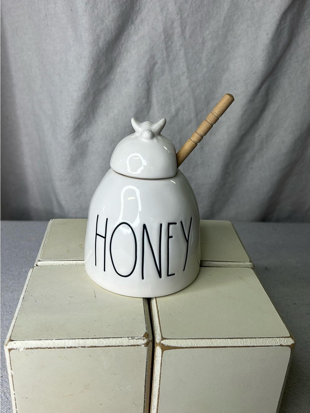 Rae Dunn White Ceramic Honey Jar with Wooden Dipper